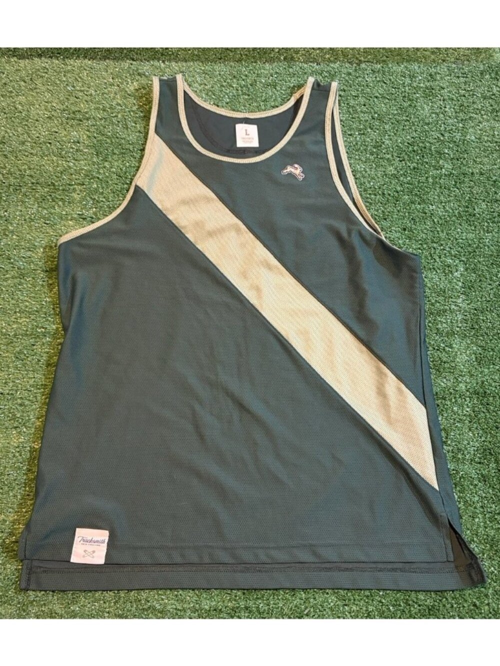 Tracksmith singlet mens large green gold van cortlandt antimicrobial sleeveless
